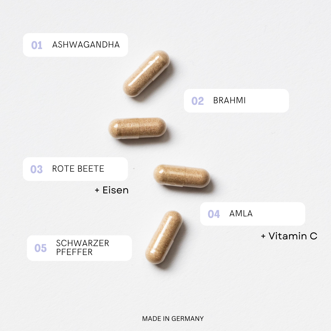 Supplement Pills Ashwagandha, Brahmi, Rote Beete, Amla, Schwarzer Pfeffer