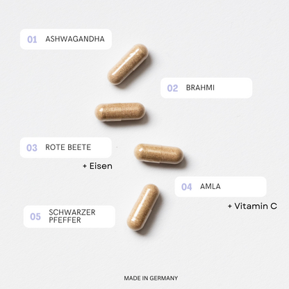 Supplement Pills Ashwagandha, Brahmi, Rote Beete, Amla, Schwarzer Pfeffer
